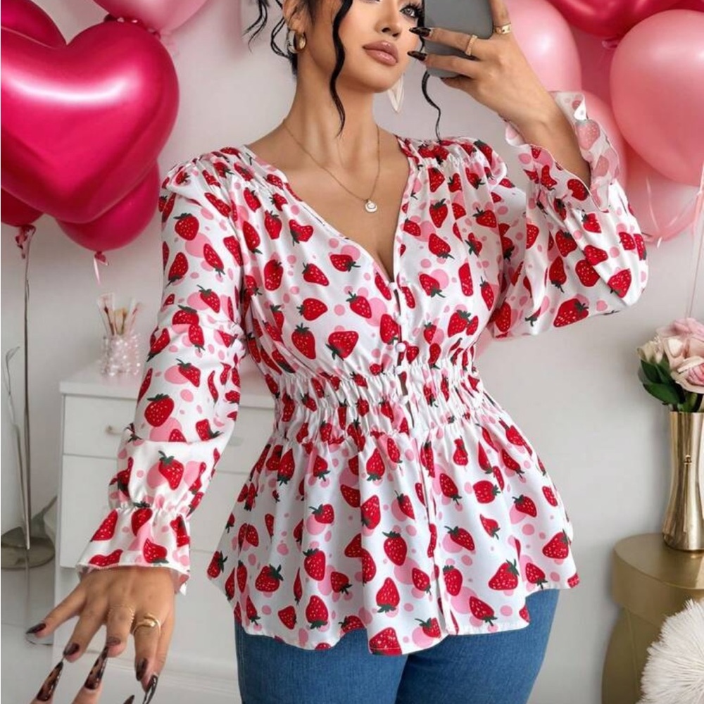 Plus Size Strawberry  Print Smocked Waist Blouse Top Shirt